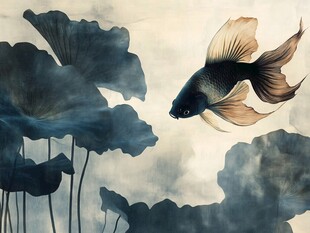 水墨金鱼游弋于荷叶间