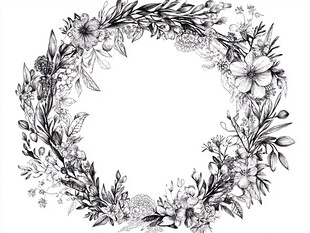 黑白花卉花环图案设计