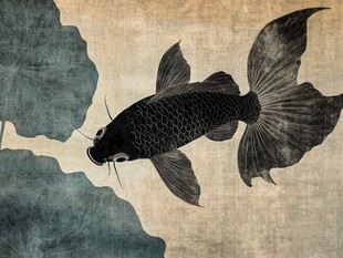 水墨锦鲤戏于荷叶间
