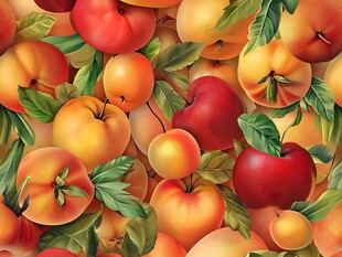 丰收的多彩桃子与苹果