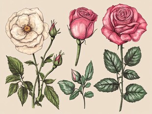 手绘三色玫瑰花插画