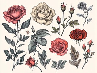复古风格手绘玫瑰花集合