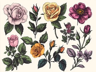 复古风格多彩玫瑰花卉插画