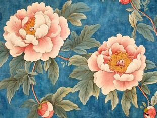 蓝底牡丹花卉精美图案