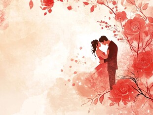 浪漫花丛中的情侣亲吻