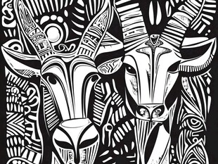 黑白线条绘双羊图腾