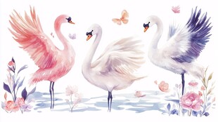 梦幻水鸟花卉水彩插画