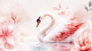 梦幻粉白天鹅与花卉美景