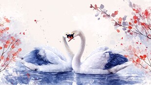 浪漫双天鹅于花枝间相依