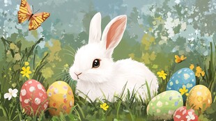 春日白兔与彩蛋的温馨画面