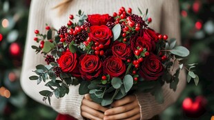 手持红玫瑰圣诞风花束