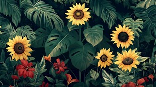 热带花园中的向日葵绽放