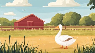 田园中的大白鹅与红谷仓