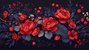 深红花卉图案 复古浪漫风