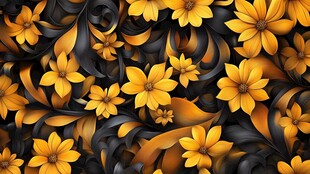 金色花朵与黑色叶片图案