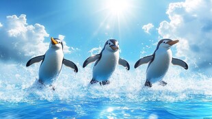 三只企鹅欢快踏浪前行