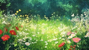 梦幻花田绿意盎然的景致