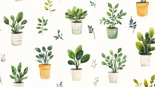 手绘清新盆栽植物无缝图案