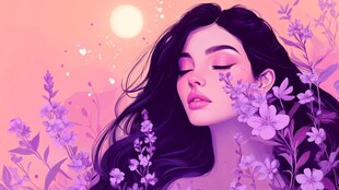 梦幻紫花中的闭眼美少女