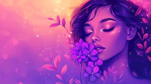 梦幻少女轻嗅紫色花朵