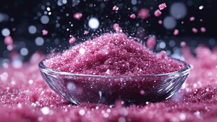 粉色糖粒洒落玻璃碗中