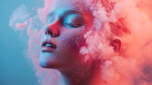 梦幻粉雾中的闭眼女性