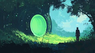 神秘绿光前的孤独旅人