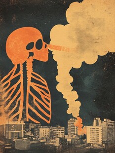 骷髅吐烟下的城市景象