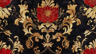 黑色底金色红花卉奢华图案