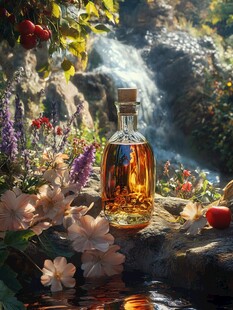 溪边花簇中的精美酒瓶