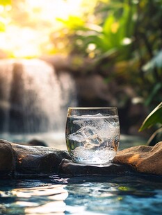 户外清泉旁的冰爽玻璃杯