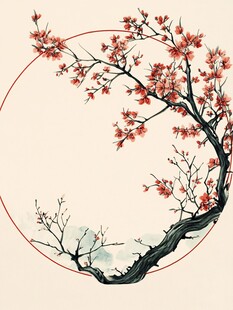 中式水墨红梅图