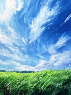 蓝天白云下的翠绿原野