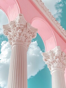 粉色拱廊下的精美石柱