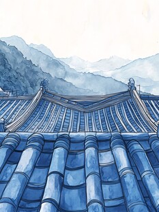 蓝瓦青山间的中式屋顶