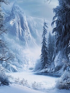 冬日冰雪覆盖的静谧山林
