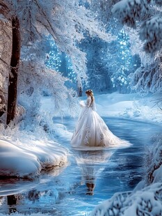 雪境中的梦幻婚纱女子