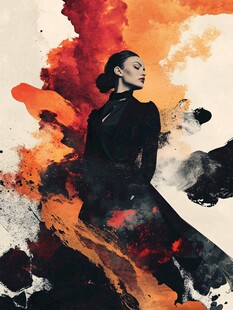 黑衣女子与绚烂泼墨艺术