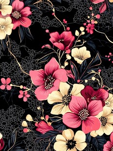黑色底花卉无缝图案设计