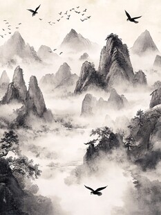 水墨山水间飞鸟翔于云雾
