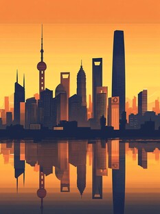 夕阳下的城市天际线剪影