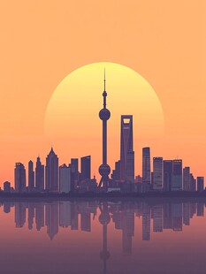 上海城市天际线夕阳美景