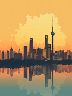 上海城市天际线黄昏美景