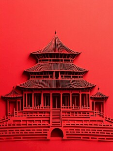 红色立体中式传统古建筑