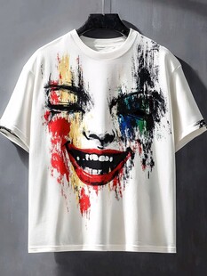 个性涂鸦笑脸印花白色T恤