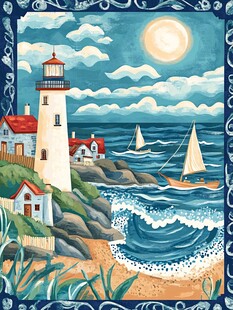 海边月夜灯塔与帆船美景