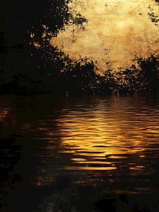金色黄昏下的静谧水面