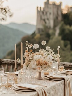 城堡下的浪漫婚礼餐桌布置