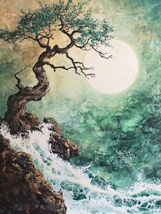 月夜孤松伴浪图