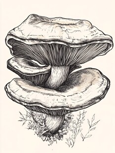 手绘层叠蘑菇黑白插画